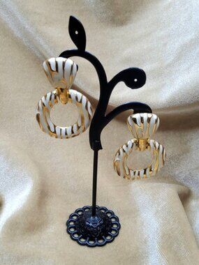 vintage gold tone animal strip enamel retro hinged drop earrings.